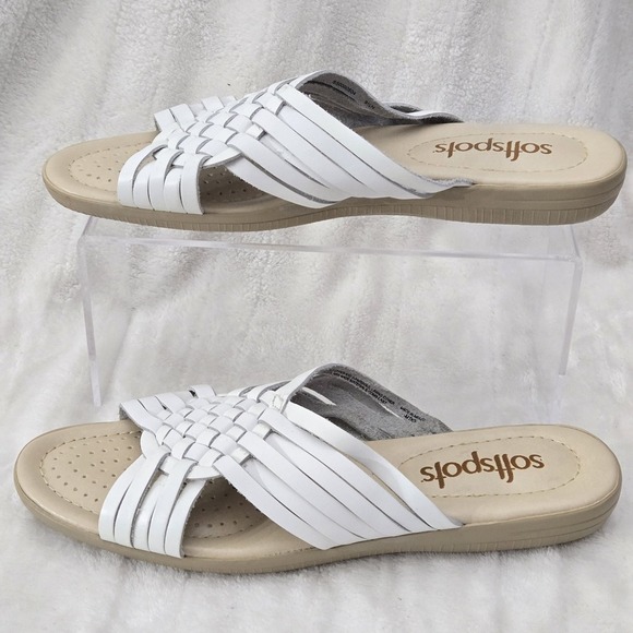 Softspots White Woven Leather Slide Flat Sandal Sz‎ 8N Beach Coastal Summer Shoe - Picture 3 of 7